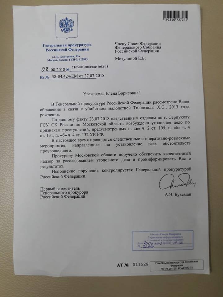 Ответ из Генпрокуратуры о расследовании убийства маленькой Вайды в Подмосковье